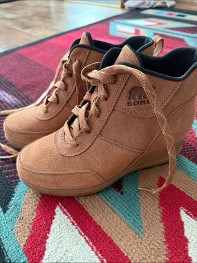 Sorel Tan Suede Lace-Up Wedge Ankle Boots